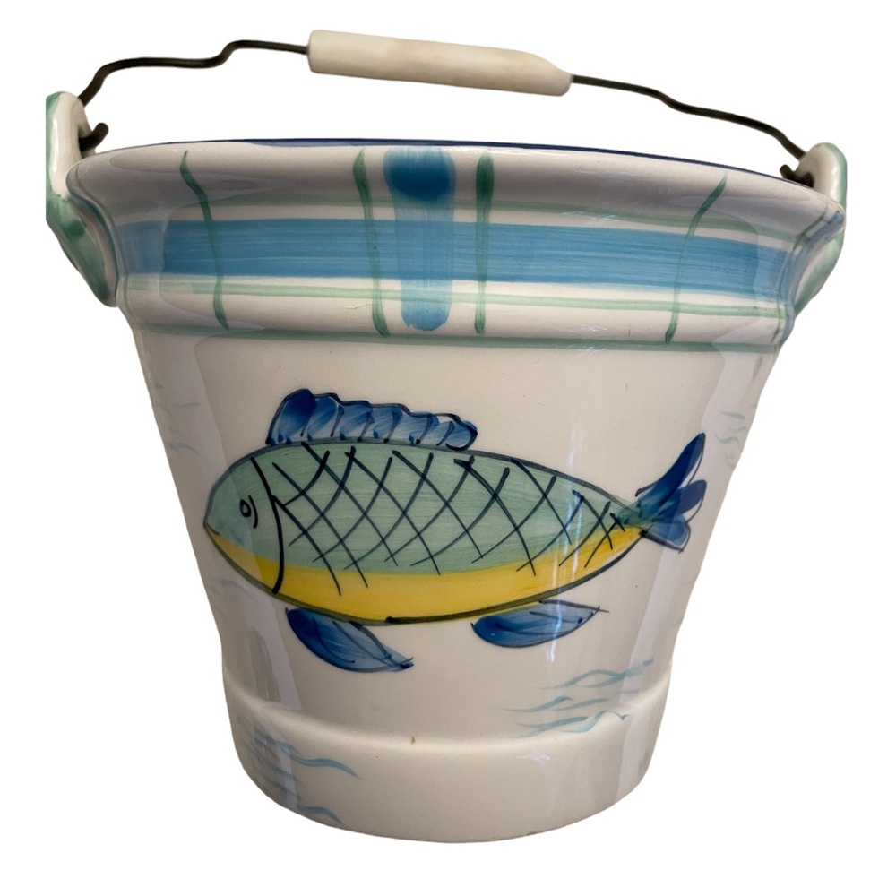 Seashore Ceramic Sand Pail With Fish Decor (Large) 8 x 6 x 4 Shells not included